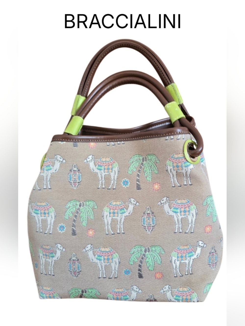 BRACCIALINI Made In Italy Beige Camel Print Tote with Brown Handles